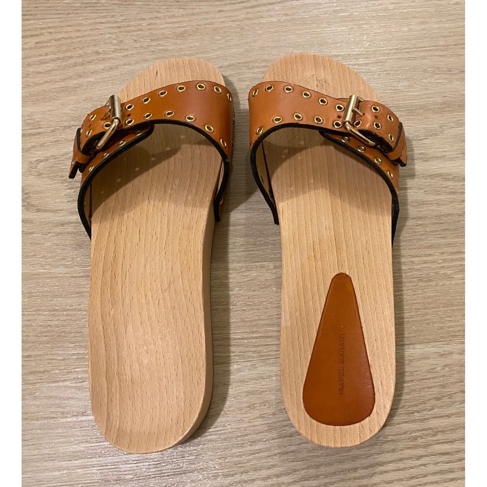 Isabel Marant Jaso Slide Sandal 40 Tan Leather Wood Studded Designer Luxury Boho - Picture 8 of 14